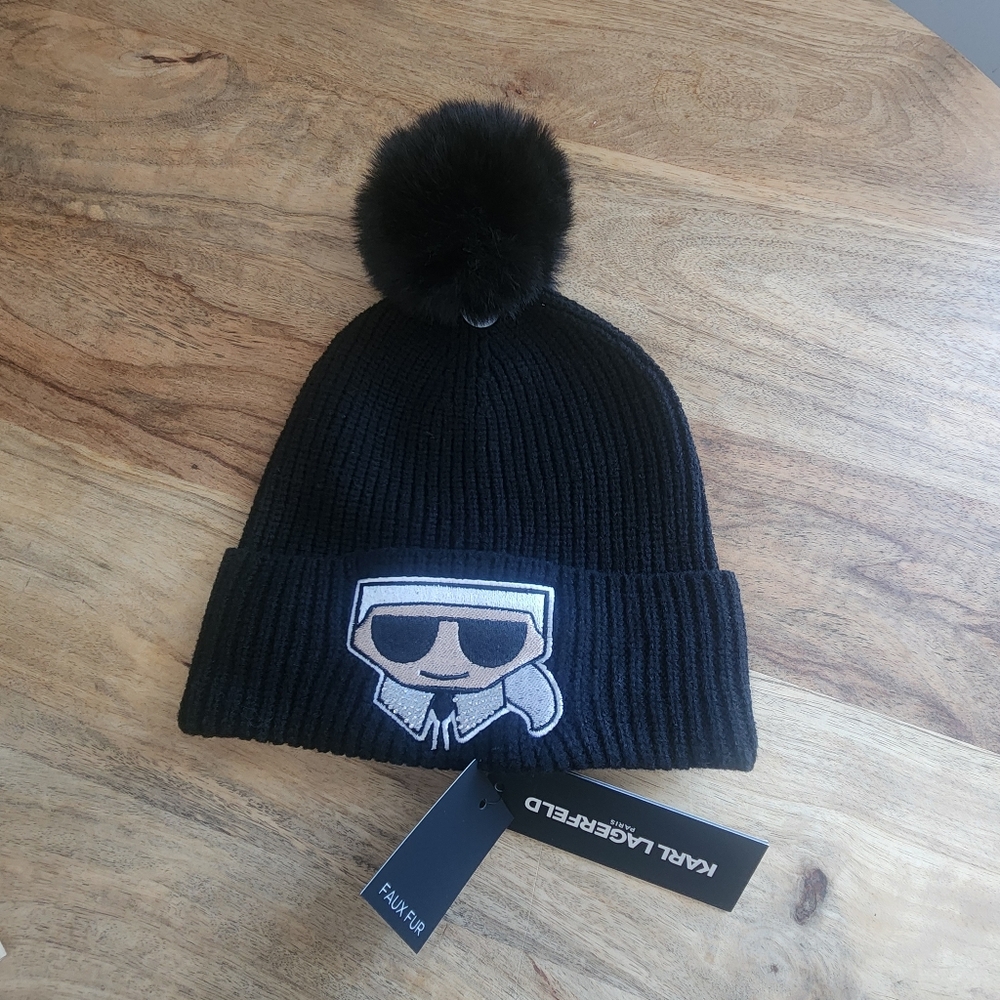 Karl Lagerfeld Knit Cuffed Black Beanie Hat With Pom Pom